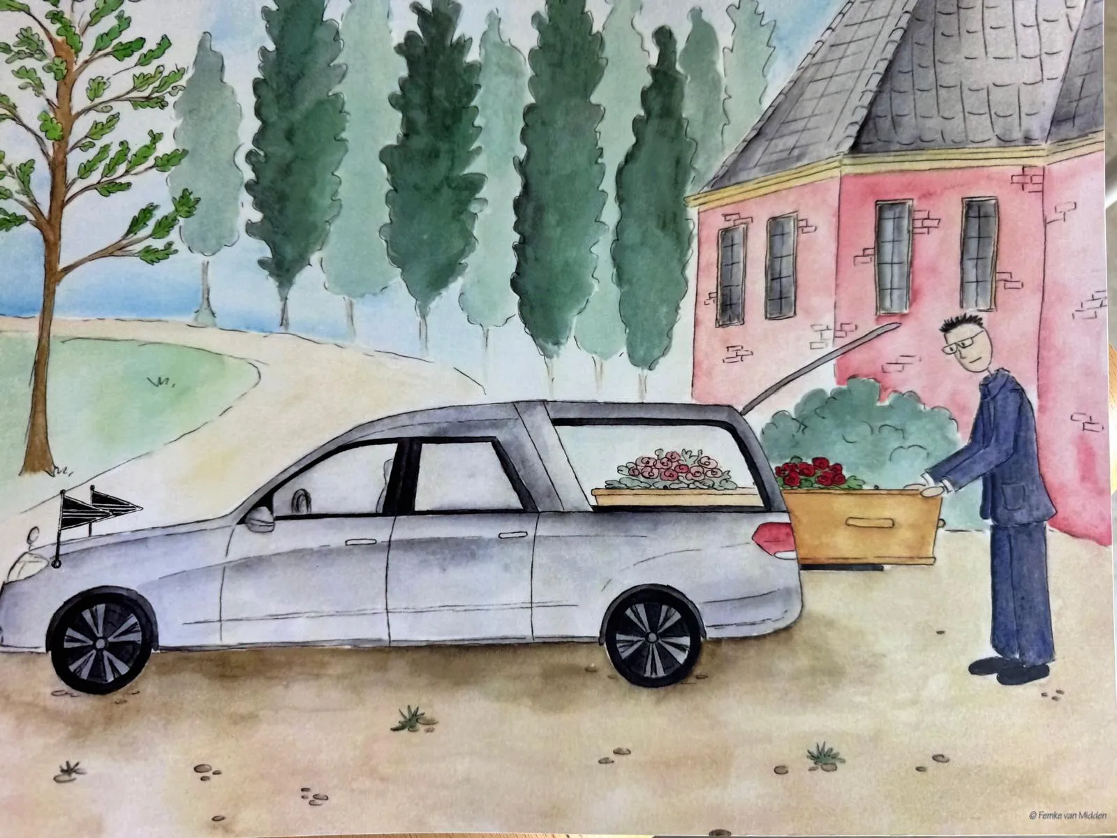 Tekening van de rouwauto voor het huis